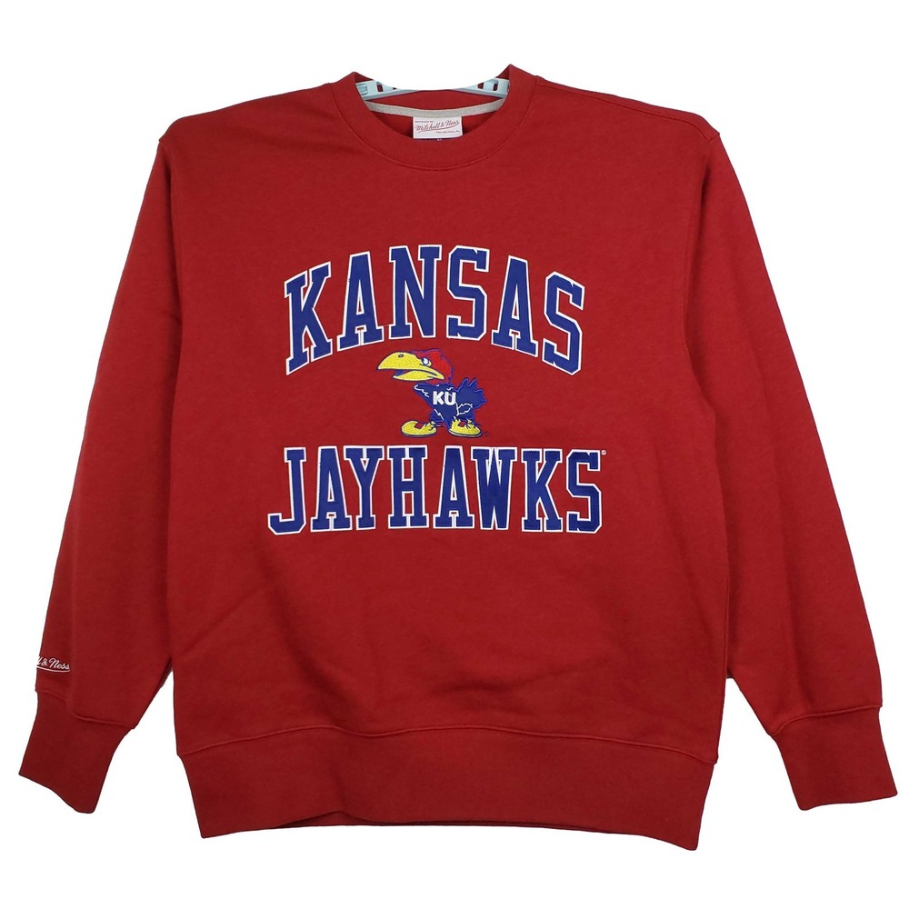Kansas Jayhawks Mitchell‎ & Ness NCAA Large Sweatshirt Cut & Sew Logo Red NWT